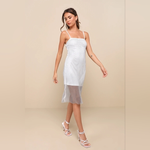 Lulus Memorable Glow White Fishnet Rhinestone Bodycon Midi Dress L Wedding Party - Picture 3 of 9